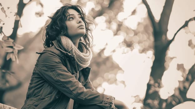 A woman sitting on a bench with her hands in the pockets of her jacket