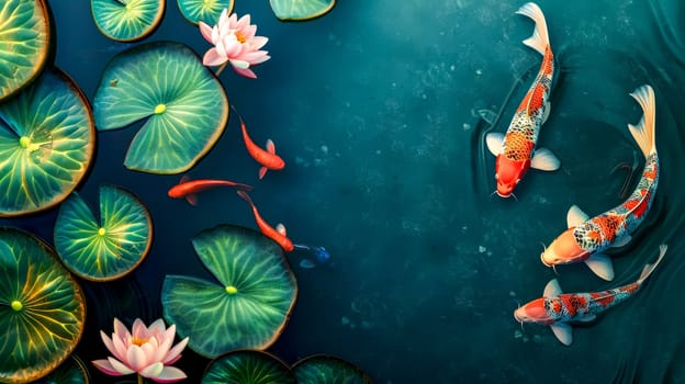 Top view of colorful koi fish swimming among green lily pads and pink lotus flowers