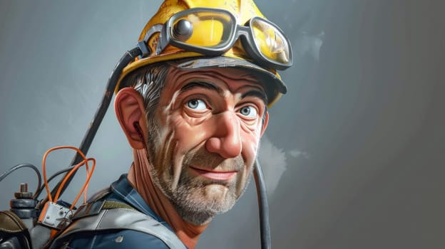 A cartoon of a man in yellow goggles and hard hat