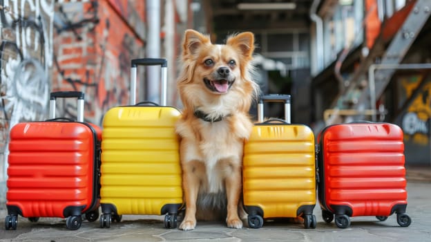 A dog sitting next to three suitcases in a row