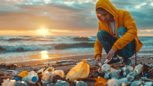 A person in a yellow jacket kneeling on the beach picking up trash