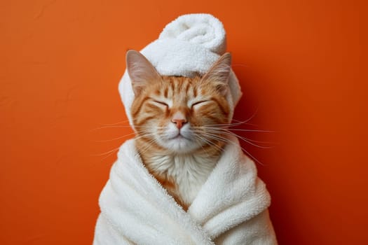 A happy morning image. A red-haired cat in a bathrobe and with a towel on his head rejoices on an orange background.