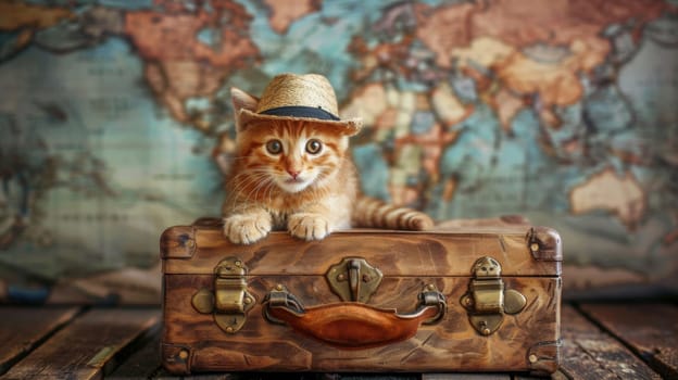 A cat wearing a hat sitting on top of an old suitcase