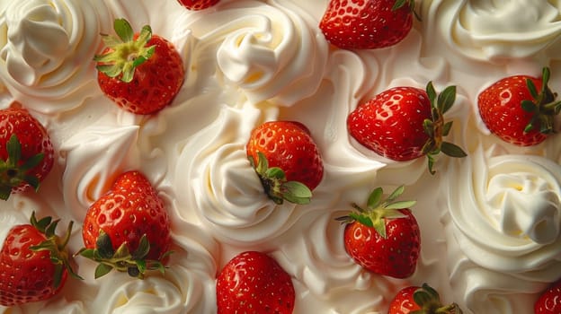 A close up of a white dessert with strawberries and whipped cream