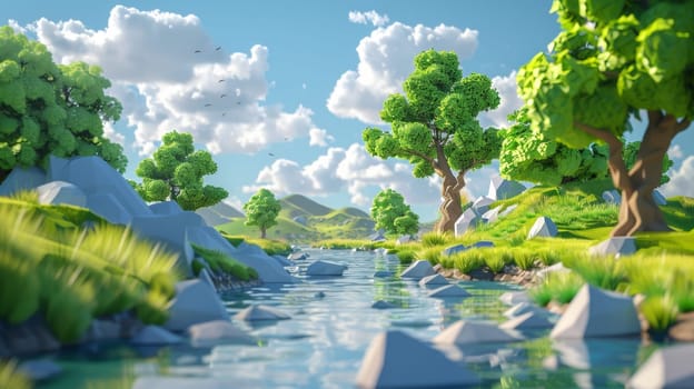 A 3d rendering of a river with trees and grass