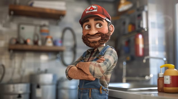 A cartoon character in a kitchen with his arms crossed