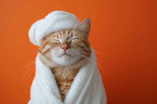 A happy morning image. A red-haired cat in a bathrobe and with a towel on his head rejoices on an orange background.