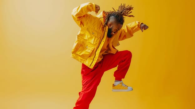 A man in a yellow jacket doing tricks on his skateboard