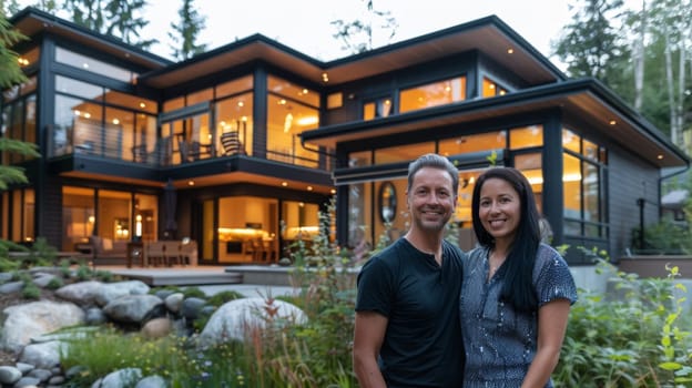 A man and woman standing in front of a large house