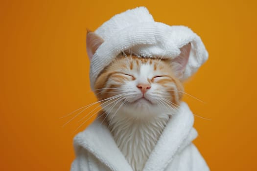 A happy morning image. A red-haired cat in a bathrobe and with a towel on his head rejoices on an orange background.