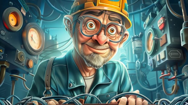 A cartoon of a man in hard hat and goggles standing behind wires