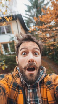 A man with a beard and plaid shirt taking selfie