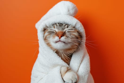 A happy morning image. A red-haired cat in a bathrobe and with a towel on his head rejoices on an orange background.