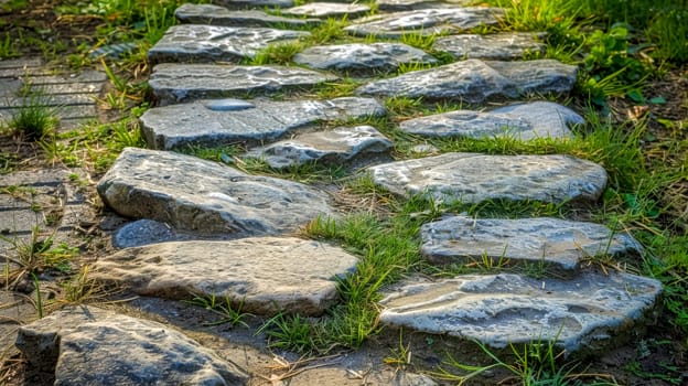 Winding cobblestone walkway basked in sunlight, surrounded by fresh green grass