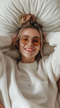 A woman laying on her back with a white sweater and glasses