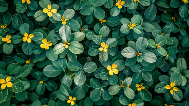 Overhead view of a dense patch of vibrant yellow flowers with lush green foliage
