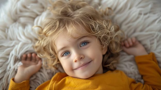 A young child laying on a fluffy white rug smiling