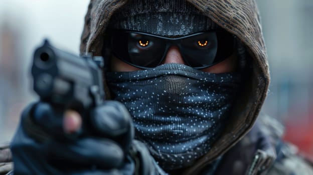 A man in a mask holding up his gun with glowing eyes