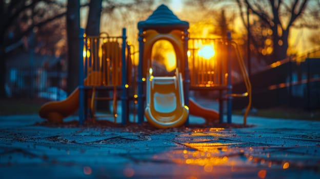 A playground slide with a yellow and blue color scheme