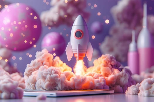A white rocket is flying through a cloud of smoke, with a pink planet in the background. The scene is filled with bright colors and a sense of adventure
