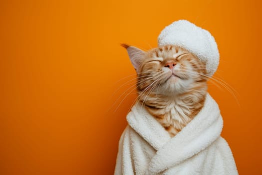 A happy morning image. A red-haired cat in a bathrobe and with a towel on his head rejoices on an orange background.