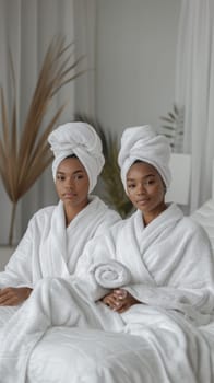 Two women in white robes sitting on a bed together