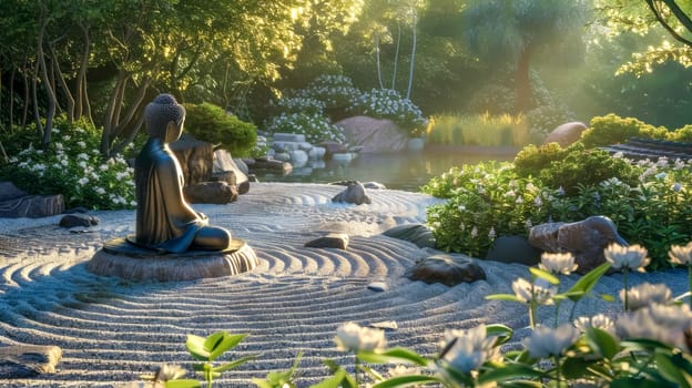 Peaceful zen garden with buddha statue and raked sand amidst lush greenery and morning light