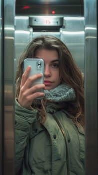 A woman in a coat taking a selfie with her cell phone