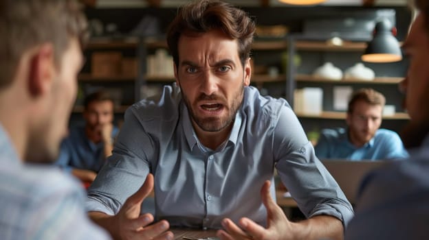 A man in a business meeting with his hands on the table