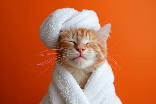 A happy morning image. A red-haired cat in a bathrobe and with a towel on his head rejoices on an orange background.