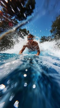 A man in sunglasses riding a surfboard on top of water