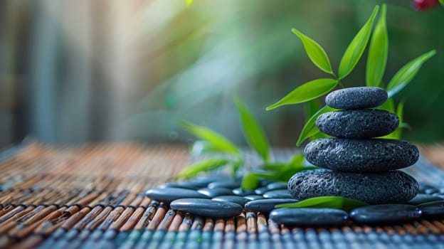 A stack of stones with bamboo and a green plant on top