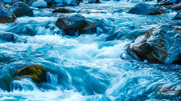 Long exposure of a serene mountain stream with smooth water flowing over rocks