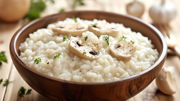 A bowl of rice with mushrooms and garlic in it