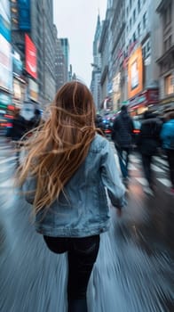 A woman walking down a city street with her hair blowing in the wind
