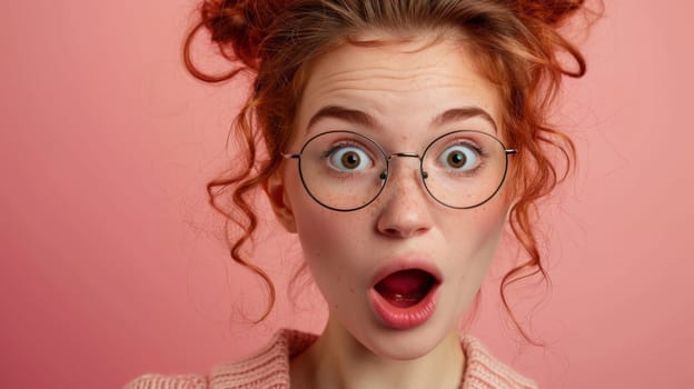 A woman with glasses and red hair making a surprised face