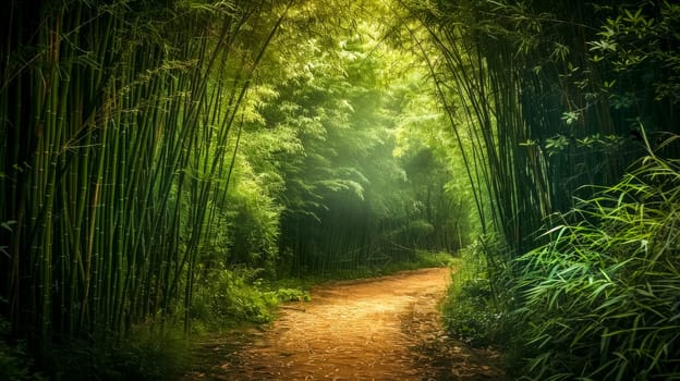Tranquil and serene misty bamboo forest pathway with lush green foliage and untouched natural scenery for eco-tourism and outdoor hiking adventures in a mystical and ethereal atmosphere