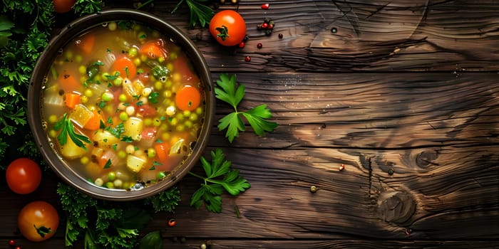 A delicious bowl of vegetable soup made with fresh produce, served on a rustic wooden table