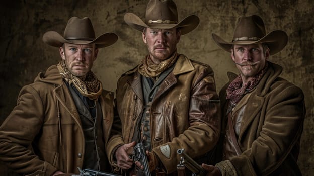 Three men in cowboy hats and suits holding guns together