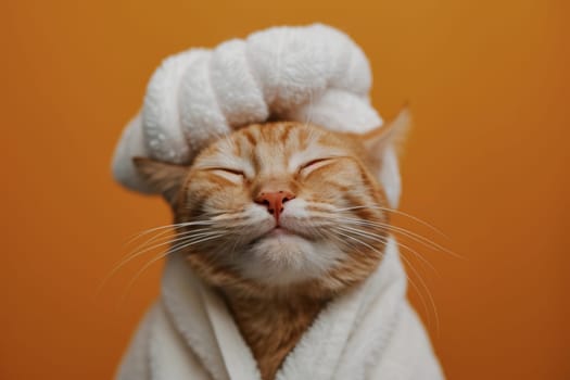 A happy morning image. A red-haired cat in a bathrobe and with a towel on his head rejoices on an orange background.