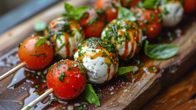 A close up of a wooden board with tomatoes and basil on it