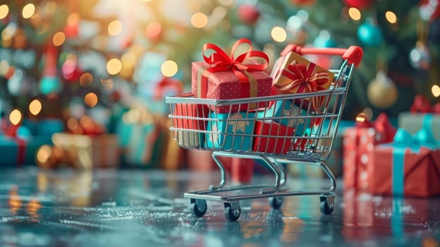 A shopping cart filled with presents and christmas lights