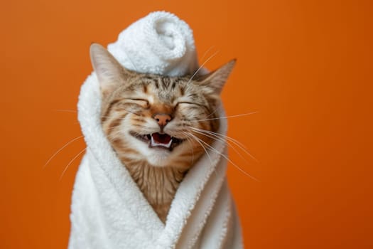 A happy morning image. A red-haired cat in a bathrobe and with a towel on his head rejoices on an orange background.