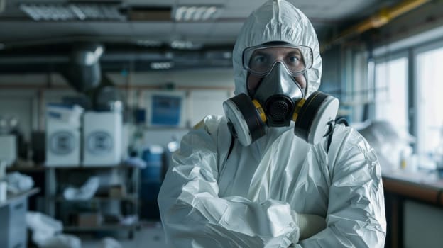 A man in white protective gear with a gas mask on