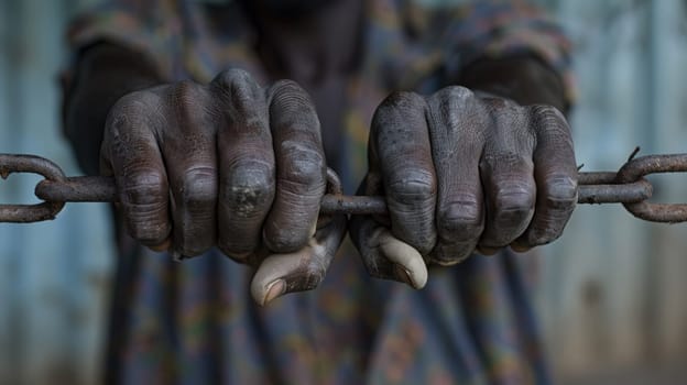 A close up of a person holding onto some metal bars