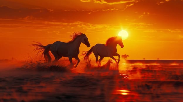 Two horses running in the water at sunset with a bright orange sky