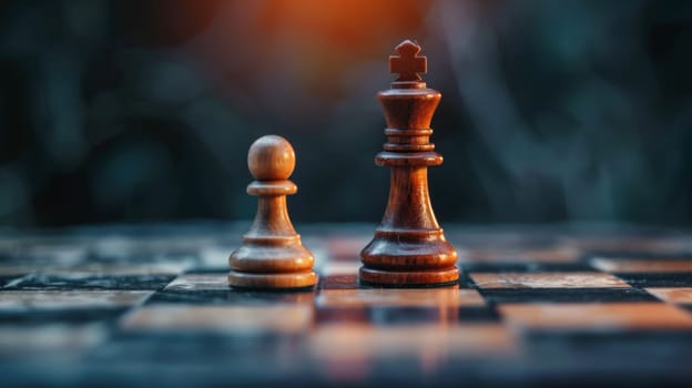 Two chess pieces are standing next to each other on a checkered board