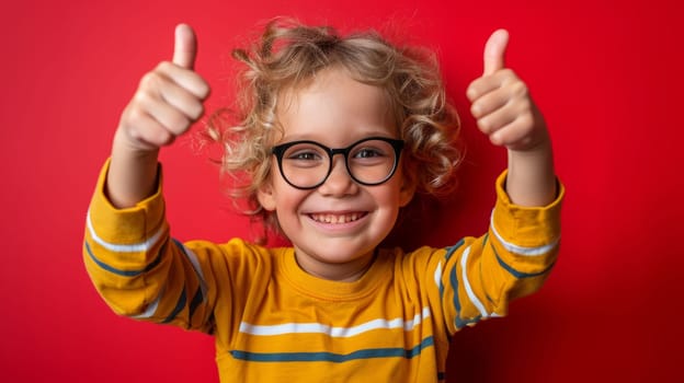 A little boy with glasses and a yellow shirt giving thumbs up