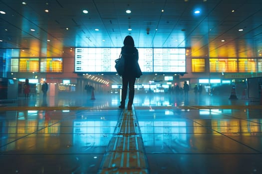 A woman stands in a large airport terminal with a backpack. The terminal is brightly lit and filled with people