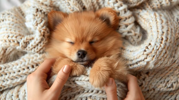 A small dog is wrapped in a blanket and being held by two hands